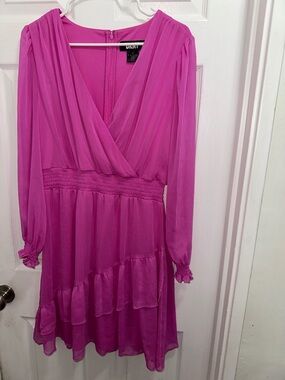 DKNY Ruffled V Neck Fit & Flare Hot Pink Long Sleeve V-Neck Tiered Dress